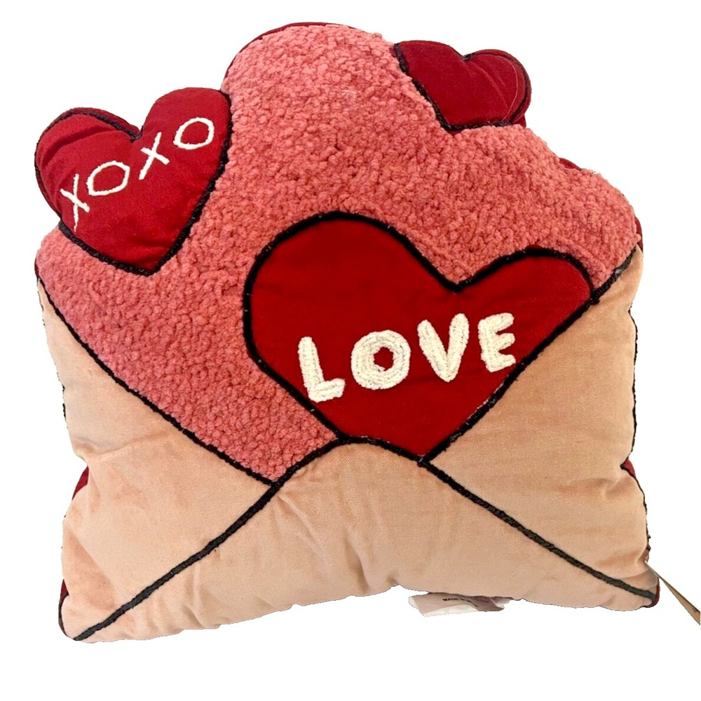 Valentine's Throw Pillow Love Letter XOXO Red‎ Pink Heart Plush Sherpa 16" NWT